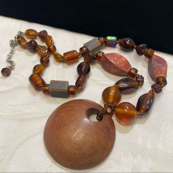 Vintage Jewelry - Vintage Wood And Iridescent Glass Necklace